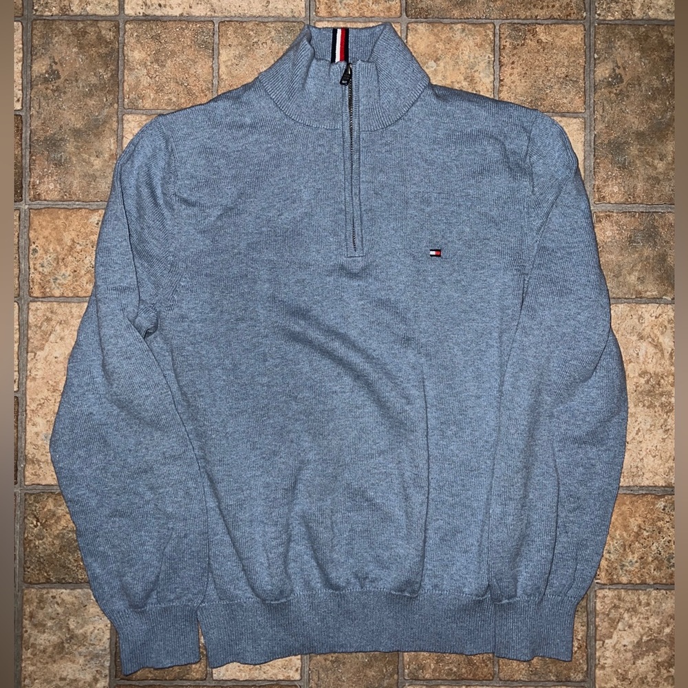 Tommy Hilfiger Sweater Mens Medium 1/4 Zip Classic Pullover Baby blue100% Cotton